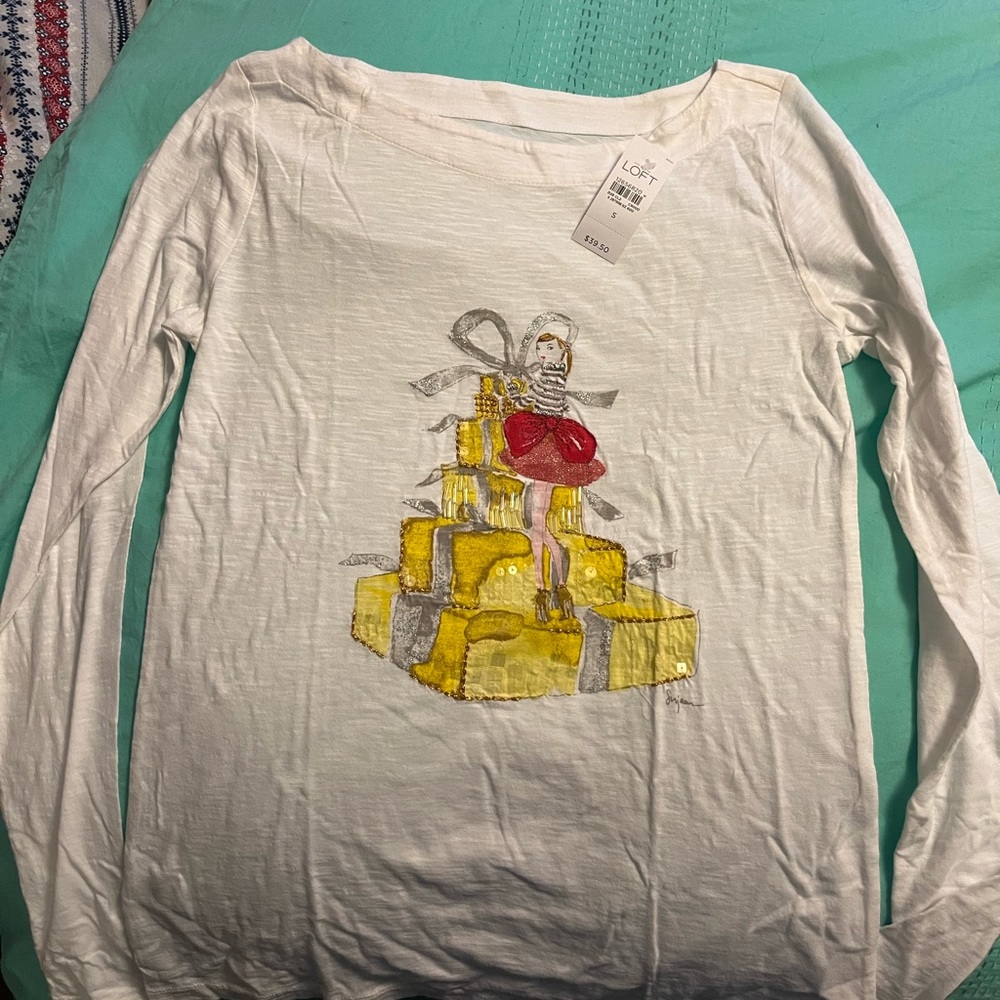 LOFT White Long Sleeved Boat Neck T Shirt w/sketch and sequins